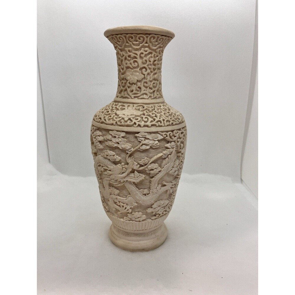 Norleans DRAGONS Carved Resin Vase 10" Elaborated Detail Vintage